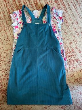 Girl’s Teal Corduroy Jumper with Colorful Graphic Tee